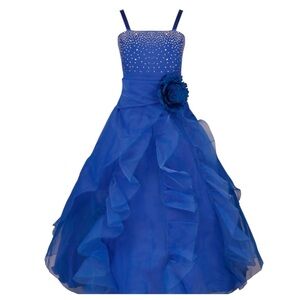 iEFiEL Girl Rhinestone Organza Flower Dress Wedding by Prom Gown, Blue, Size 14